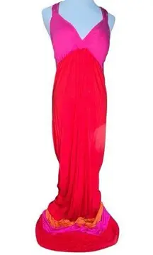 Pink Rose  Sleeveless Maxi Dress Fuchsia Combo Color Block Strappy Back Large New