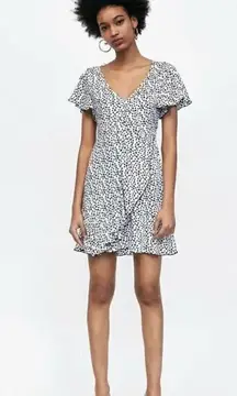 ZARA BASIC POLKA DOT PRINT DRESS MINI RUFFLE FRILL BLACK WHITE S SHORT SLEEVE