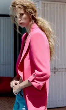 Zara Women's Peak Lapel Quarter Roll Tab Sleeve Blazer Jacket in Fuchsia XS
