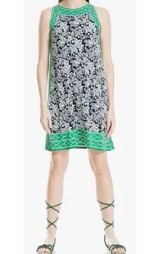 Max Studio Floral Print Matte Trapeze Jersey Mini Dress Pullover Blue Green S