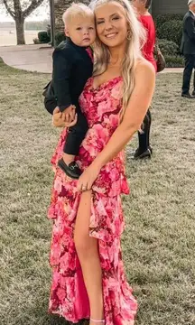 Pink Floral Maxi Prom Dress