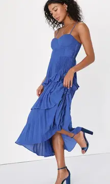 NWT Lulus Cascading Crush Cobalt Blue Tiered Bustier Midi Dress Gala Banquet XS