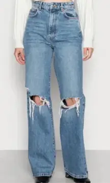 ZARA High Rise Full Length Jeans Wide Leg Straight Distressed Ripped Knee Sz 2