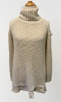 Easel heathered Ivory Cold Shoulder raw hem long sleeve tunic sweater size S/M