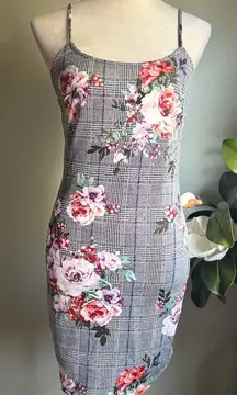 Large Floral Checkered Mini Dress pink black stretchy body con y2k‎ Whimsigoth