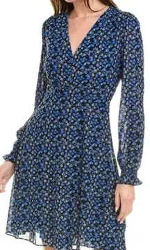 CAbi, The Ten Blue Ditsy Floral Mesh Blouson Sleeve V-Neck Dress, Size Medium