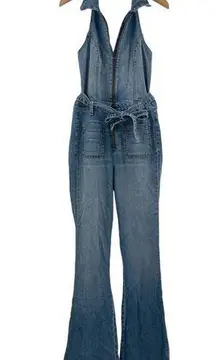 Ramy Brook  Jumpsuit Size 28 Denim Jean Medium Wash Halter Collar Flare Designer