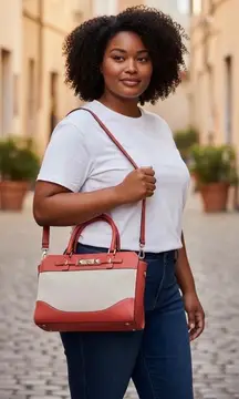 GUESS Satchel Handbag Burnt Orange Canvas Leather Trim Top Handle Crossbody Bag