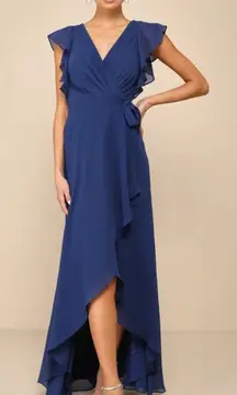 NWT Lulus Ravishing Charm Dark Blue Ruffled Wrap High-Low Maxi Dress Wedding M
