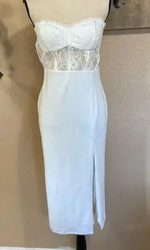 NWOT Lulus Exquisitely Sultry White Lace Strapless Bustier Midi Dress