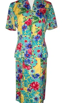 Adrianna Papell Size 6 Vintage Two Piece Skirt Top Suit Set‎ 100% Silk Floral