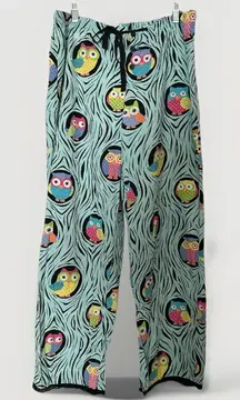 Nick‎ & Nora Women Pajama Lounge Pants Small Owls Drawstring Button Fly Lace Hem
