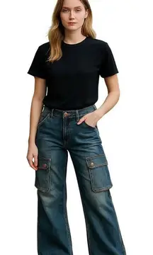 Rue 21 Blue Denim Boot cut Cargo stretch Retro 90s JEANS Womens Size 2