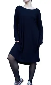 Eileen Fisher Basic Black Stretch Jersey Knit Oversized Long Sleeve Midi Dress L