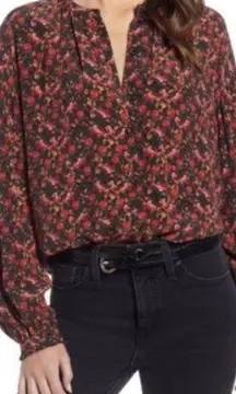 Something Navy Button Down Blaze Painterly Floral Blouse in Red