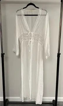 Rebellion Semi-Sheer White Lace Accent Duster with Ties in Front Size L