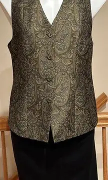 Anne Kline II Gold Olive Green Gray Paisley Fabric ButtonVest Sz 10. Full Lining