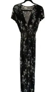 Women's Black w/ Florals S/S VNeck Long Pants Romper Jumpsuit Size L/XL EUC 7130
