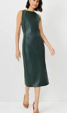 Ann Taylor  Faux Leather Mixed Media Dark Green Knit Midi Dress Size 6 NWT