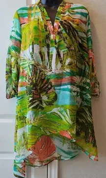 cha cha vente  Green Multi-Colored Split Neck 3/4 Sleeve Hi Low Tunic Blouse M