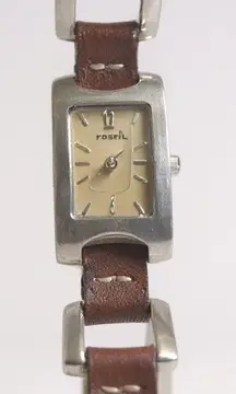 Fossil ES1117 Rectangle Gold Tone Face Brown Leather Link Watch Women