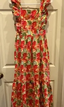 Peyton &‎ Parker dress 100% Cotton Pink Floral Ruffle Smocked Bib Tie size M