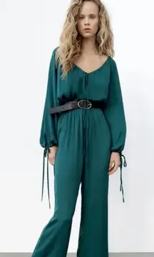 ZARA Satin‎ Boho Style Jumpsuit Teal XS