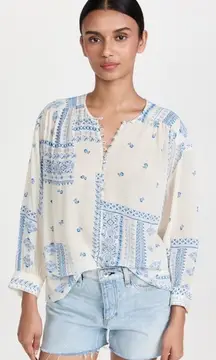 NWT ba&sh Chemise Isko Ecru Shirt Medium Blue Patchwork Lightweight Peasant Boho