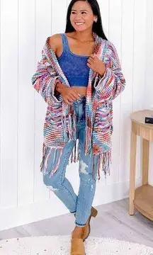 Pol Multi Rainbow Fringe Hem Cardigan Sweater Small Chunky Knit Western Boho