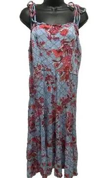 Blue Red Floral Paisley Smocked Ruffle Sleeveless Tie Maxi Dress  XL