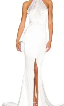 Retrofete Silk Margot Low Back Front Slit Halter Gown Maxi Dress: White