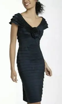 Tadashi Shoji Rosette Tiered Bandage Pleated Navy Blue Dress SIZE 2