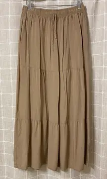 Tiered Maxi Skirt Elastic Waist Drawstring Tan Bohemian Flowy Beach *FLAW Sz L