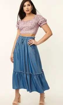 NWT  1970s Chambray Ruffle Tiered Midi Skirt SMALL