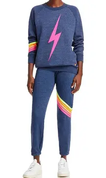 Aviator Nation Blue Neon 5 Stripe Chevron Bolt Sweatshirt and Sweatpants Set