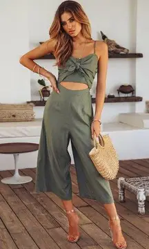 Hello Molly  Women 4 Green Linen Jumpsuit Crop Wide Leg Front Tie Stretch Casual