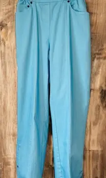 Cathy Daniel’s Straight Leg Pull On Jean Pants M Stretch Aqua Blue Slubbed