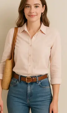 Ann Taylor Irish Linen Shirt Peach Pink 8 Coastal Chic Quiet Luxury‎ Summer Top