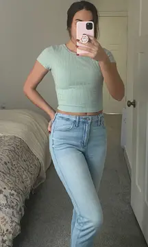 Blue Green Ribbed Cropped Tee Top