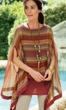 Soft Surroundings Gypset Red Striped Layered Kimono Tunic Top S/M Boho Poncho