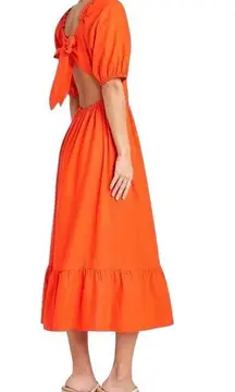 Tie Back Puff Sleeve Linen Blend Midi Dress Orange