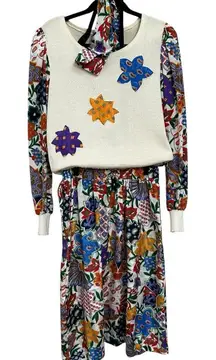 Vintage 80s‎ 3 Piece Sweater Skirt Scarf Anthony Sicari Colorful Floral Set Sz 6