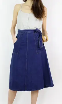 VTG Madewell Midi Denim Wrap Flare Skirt M 100% Cotton Blue Cottagecore Denim