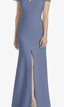 Dessy Collection OFF-THE-SHOULDER NOTCH TRUMPET GOWN WITH FRONT SLIT IN LARKSPUR