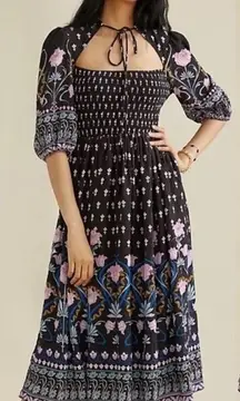 ***Anthropologie Dasha Smocked Black Floral Print Midi Dress