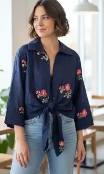 NEIMAN MARCUS Navy Blue Linen Tie Front No Button Embroidered Jacket L