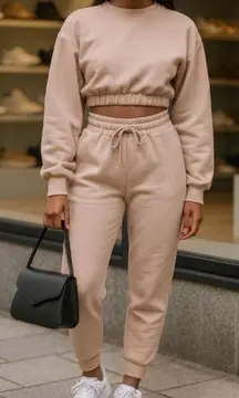 Zenana 2 Pcs Crop Sweatshirt Tracksuit Jogger Pants Set Outfit Active Loungewear Pale Peach