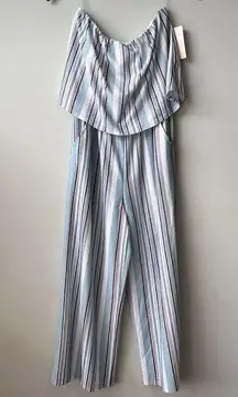 BEBOP Womens Beige Strapless Wide Leg Multicolor Jumpsuit Striped Juniors Size S