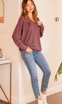 Lulu's Chill Time Washed Burgundy Waffle Knit Long Sleeve Top S