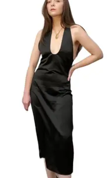 Satin $300 Large Halter Midi Dress- Black NWT